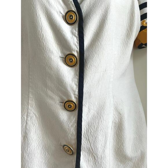 Vintage Saks Fifth Avenue Silk‎ Top Sz 16 Nautical Stripe Puff Sleeve Gold Trim - Picture 4 of 6